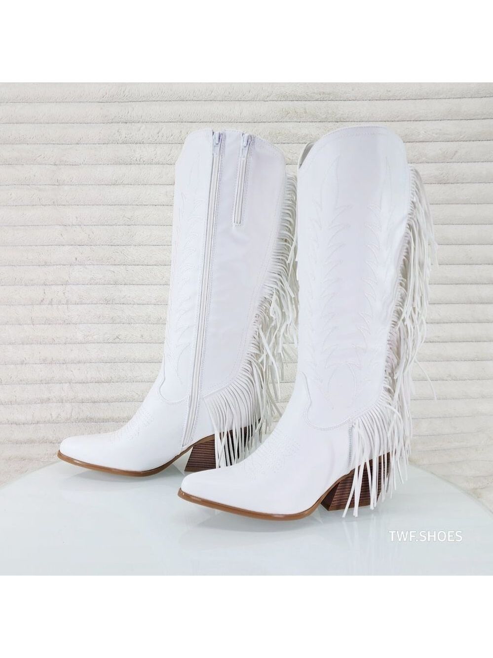 Dusty Roads Bright White Back Fringe Cowboy Western Cowgirl Boots Tuck Zipper - Picture 4 of 13